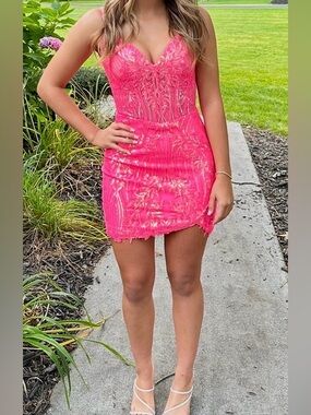 JVN by Jovani Neon Pink Lace Bodycon Mini Dress size 4